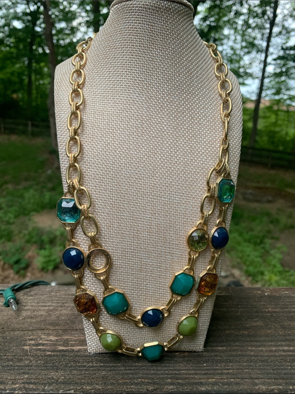 LOFT Gold-Tone Multi Gemstone Link Necklace in Teal, Navy, Green & Amber